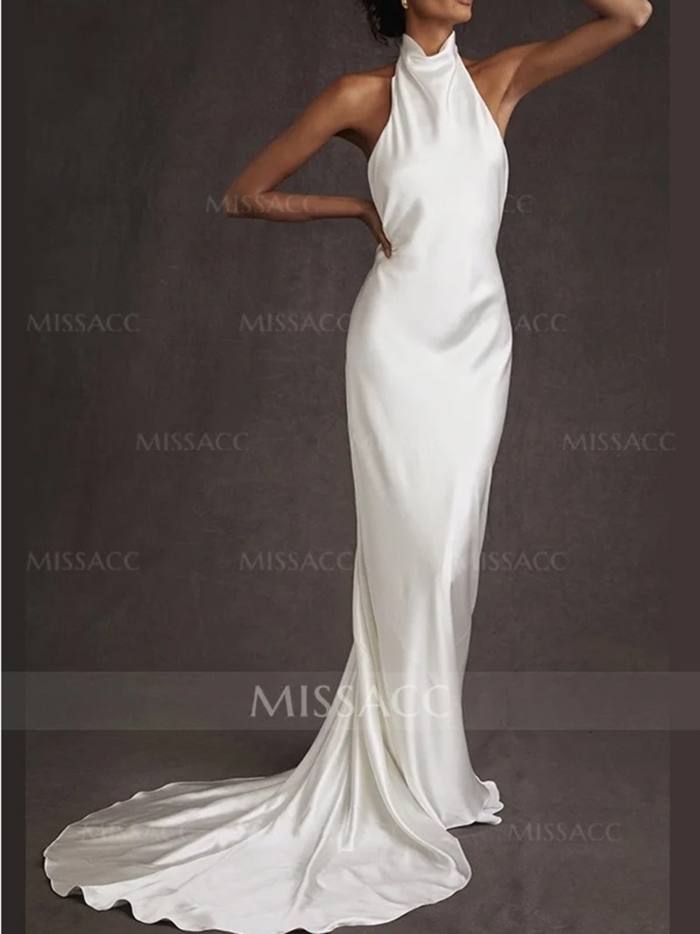 White Halter Satin Evening Dress with Train